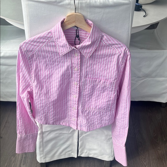 Bershka Tops - Bershka Pink & White Striped Button-Up Crop Shirt